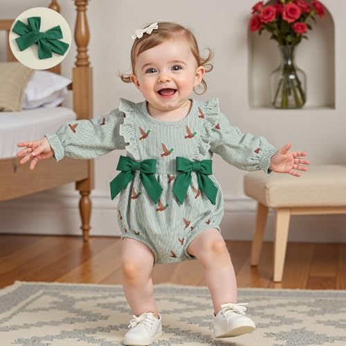 Newborn Baby Girls Duck Fall Clothes Striped Duck Embroidery Ruffled Long Sleeve Bubble Romper with Headband Set4