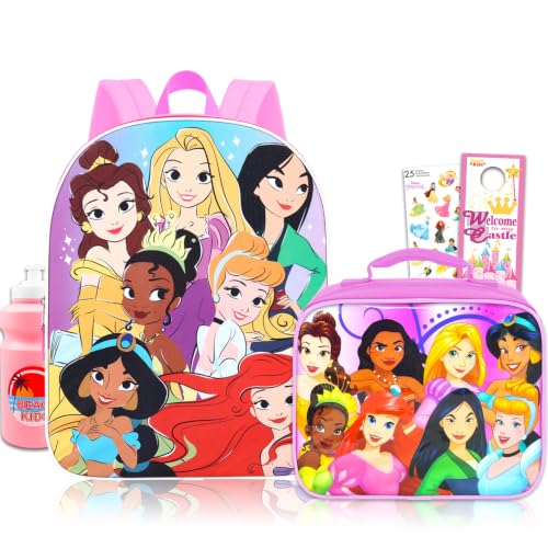 Mochila Disney Princess com lancheira para meninas, pacote de 5 peças ~ Mochila escolar de luxo de 38 cm, lancheira, garrafa de água, adesivos e mais (material escolar de princesas da Disney), Mochila