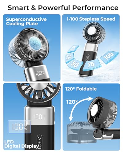 Image of ARCTlCOOL Portable Mini Fan with Ice Touch Tech, 7500 RPM Handheld Fan with Buckle, 4000mAh Rechargeable Battery, 100 Speeds Foldable Fan with Smart Digital Display for Makeup, Travel & Outdoor