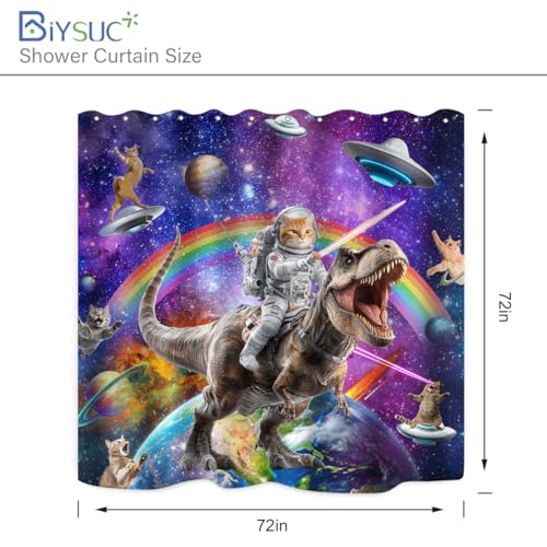 Image of Funny Cat Dinosaur Shower Curtain Fun Cool Hilarious Cats on Fantasy Galaxy Space Universe Anime Kids Bathroom Home Decor Waterproof Polyester Fabric 72Lx72W Inch with Hooks