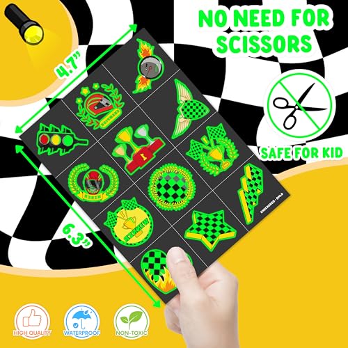 Image of 96 PCS Checkered Flag Pre-Cut Luminous Glow in the dark Temporary Tattoos | Super Cute Themed Birthday Party Favors, Supplies, Decorations, Race Car Fake Tattoo Stickers Gifts for Boys Girls