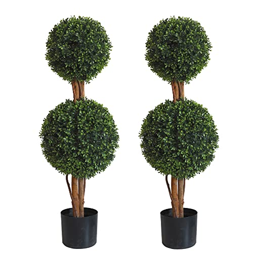 OAZALDA Lifelike Indoor&Outdoor use 3Ft Boxwood Double Ball Topiary Trees Faux Topiary Tree for...