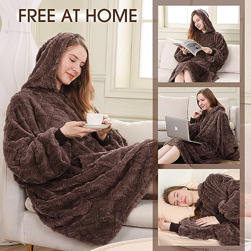 MIZZEO Microfiber Wearable Blanket, Oversized Light Wearable Blanket Hoodie for Adults, Cozy Soft Warm Plush Hooded Blanket Gifts for Women, One Size Fits All (Brown)