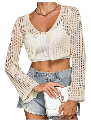 MakeMeChic Women's Boho Plus Size Crochet Cardigan Long Sleeve V Neck Tie Front Sweater Crop Tops