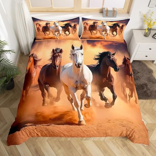 jejeloiu Kids Cute Horse Bedding Set Toddler Size Galloping Horse Bedding Duvet Cover Set Decor Wild Western Cowboy Cute Animal Decor Comforter Cover Set Farmhouse Bedspread Cover 2Pcs,No Comforter