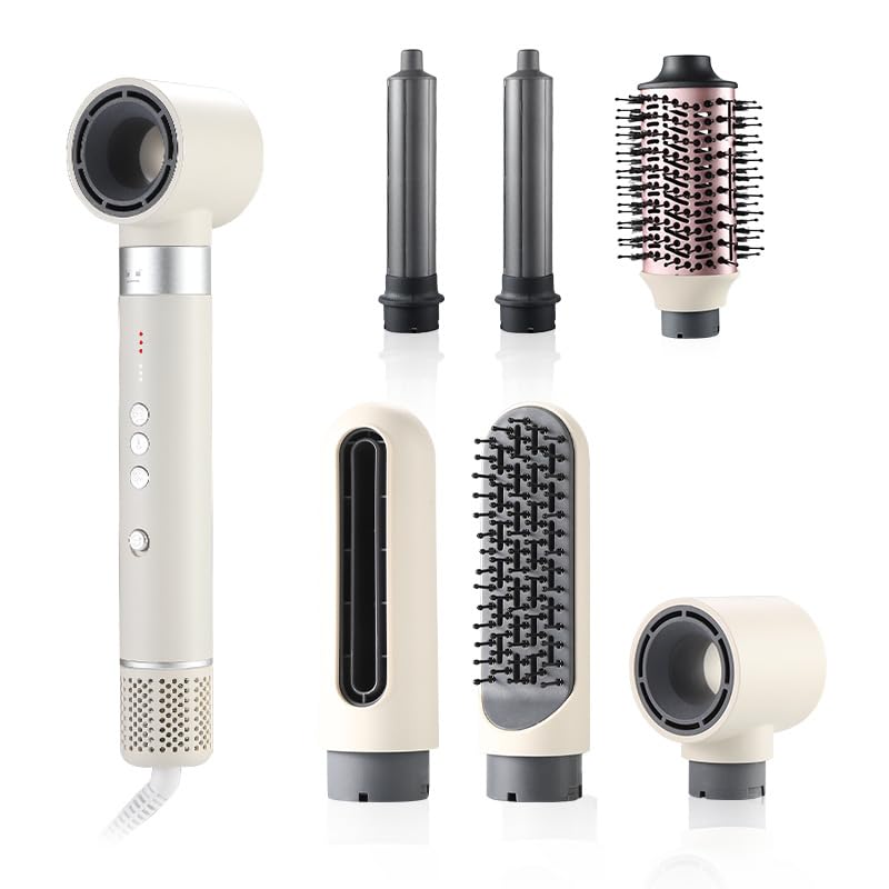 Anluomafuy 7 en 1 Cepillo Secador de Pelo, Moldeador Desmontable Multifuncional, Cepillo de Aire Caliente Set, Moldeador de Pelo, Iones Negativos Rizador para Todo Tipo de Cabello
