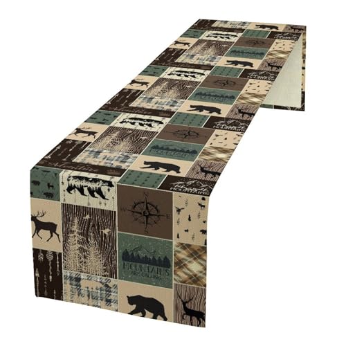 Image of Country Rustic Farmhouse Deer Table Runner Tabletop Cover Vintage Cabin Bear Mountain Hunting Wild Animal Plaid Checkered Printed for Kitchen Dining Room 13x72 Inch