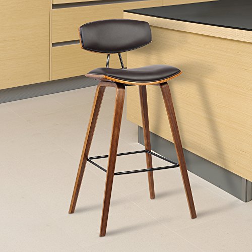 Armen Living Fox 28.5 Bar Height Brown Faux Leather and Walnut Wood Mid-Century Modern Bar Stool