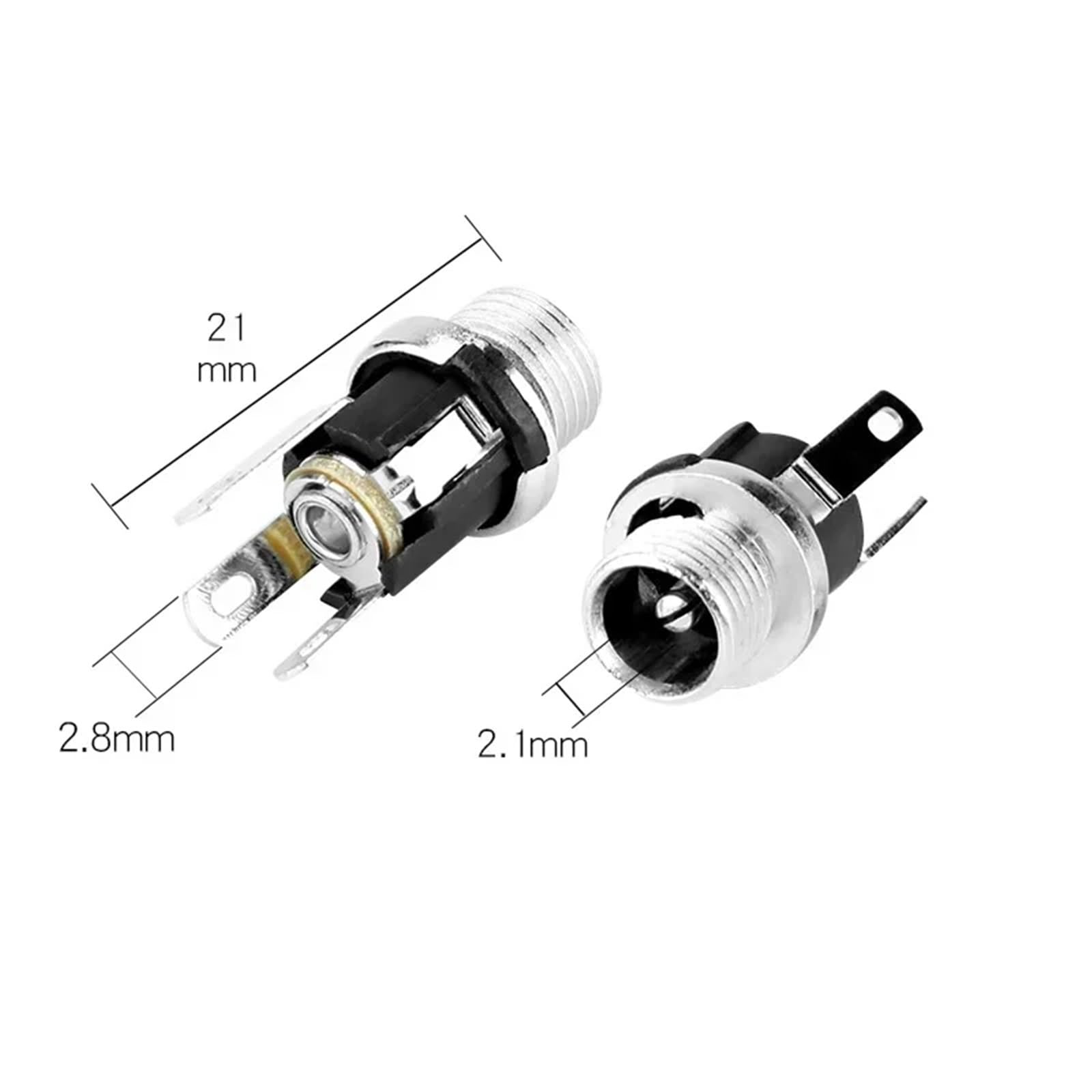 Jack di alimentazione CC, 50 pezzi, presa jack femmina per montaggio a pannello, connettore a 3 pin, 5,5 x 2,1 mm, 5,5 x 2,5 mm, per audio auto, laptop, lettori MP3 (2.1 con tappo)