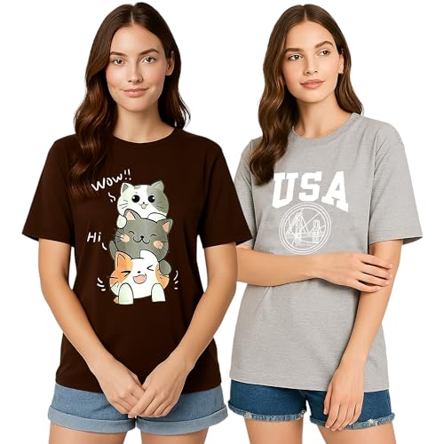Image of My Swag Womens Graphic T-Shirt Pack of 2, Cotton Casual, Gym, Daily Summer Wear