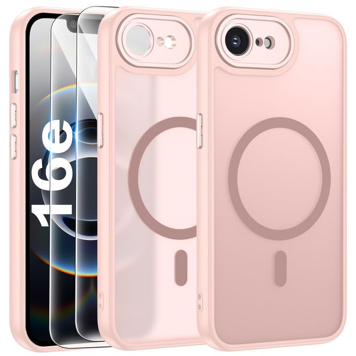 FLLAO Cover Magnetica per iPhone 16e Custodia e 2 Pellicole in Vetro Temperato, Cover iPhone 16e Compatibile con Magsafe, Traslucida Opaca Posteriore Sottile Antiurto Protettiva Case, Rosa