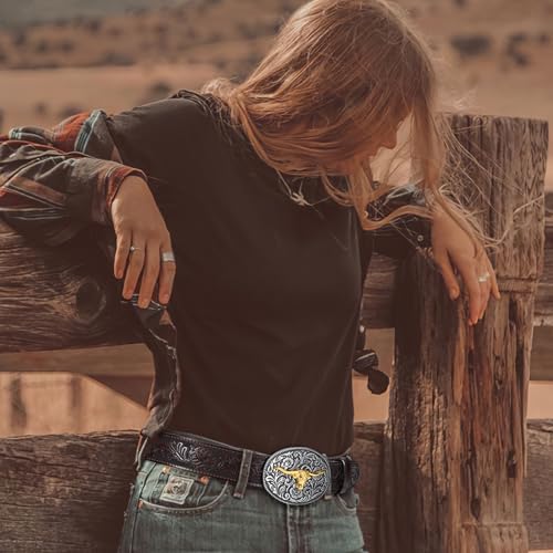 Image of SANSTHS Genuine Leather Cowboy Belts for Men Western Belt Buckle for Jeans | 1.5 inch Embossed Belt, Texas Longhorns Belt Buckle, Classic Western Style, for Cowboy, Cowgirl, Rodeos, Costume Party, Gifts