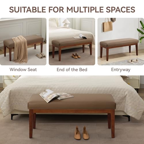 Image of WUTUTUEE 43.5'' Faux Leather Bedroom Bench, Upholstered End of Bed Bench, Padded Vintage Dining Bench, Entryway Bench with Solid Wood Legs, Kitchen, Living Room, Hallway, Brown