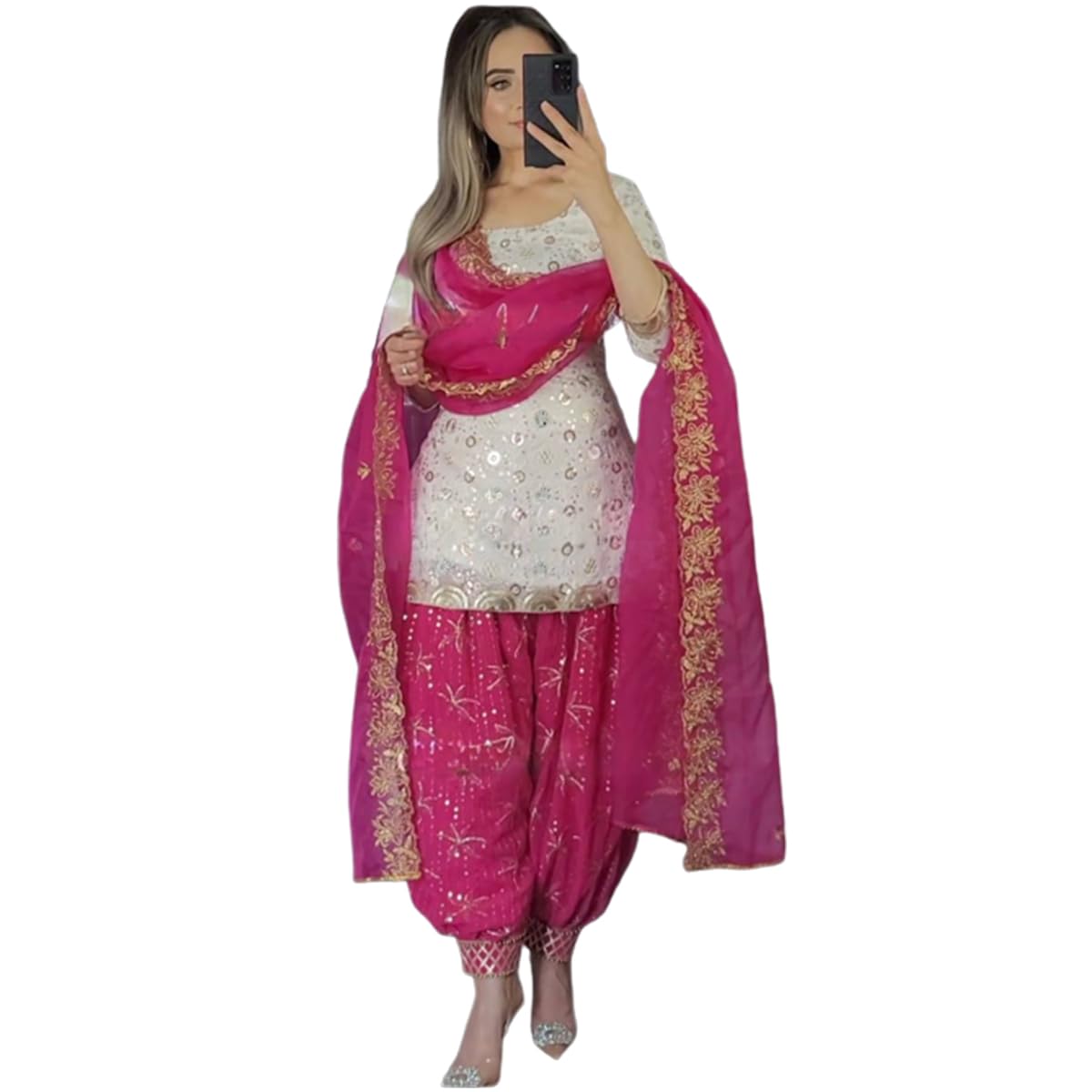 derwafab WOMEN'S Georgette Dhoti Salwar Suit (Patiyala Suit) (SF26114 White Free Size)-picture-46