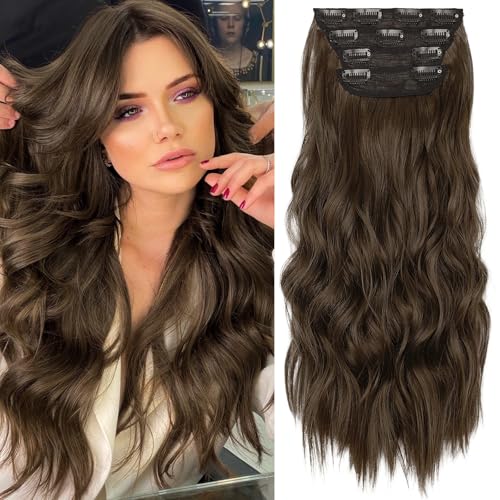 Image of KooKaStyle Clip in Synthetic Hair Extensions Long Wavy 4PCS Thick Hairpieces Chestnut Brown Fiber Double Weft Natural Hair Extensions 20 Inch for Women