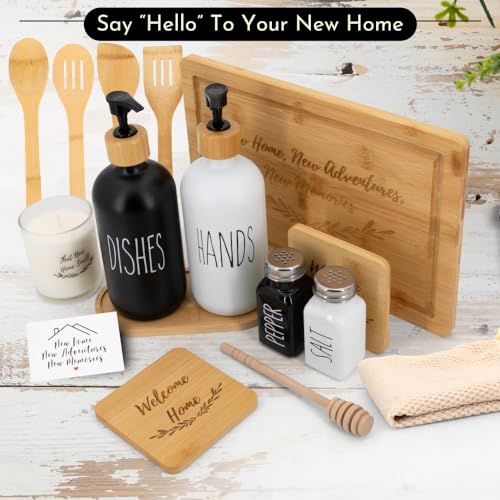 Happy Banana House Warming Gifts New Home – Home Essentials for New Home Gift Set Includes Scented Candle, Bamboo Cutting Board, Soap Set, Towels, Salt and Pepper Shaker – Luxury New House Must Haves
