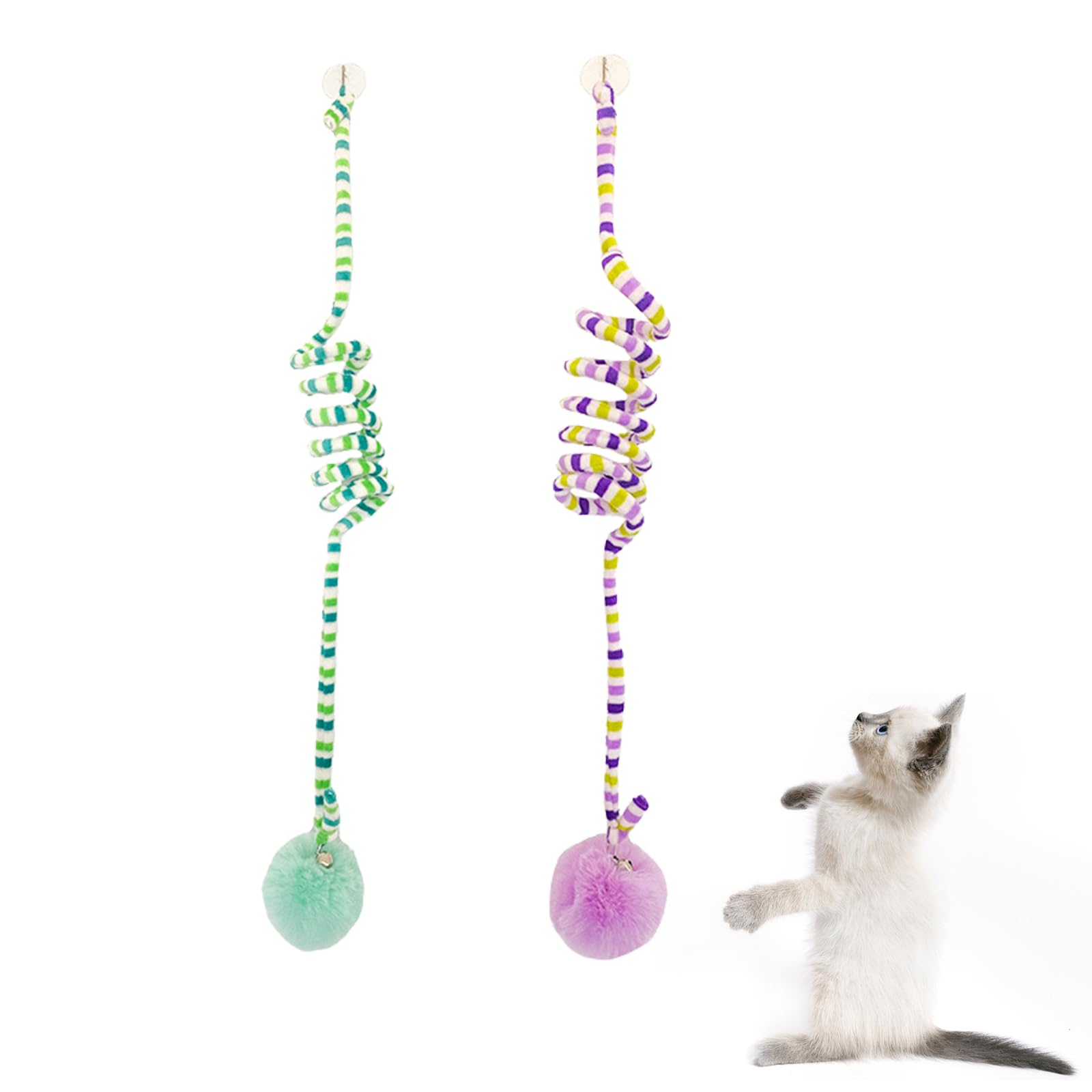 Juguete de Gato Colgando de la Puerta, Juguetes para Gatos Marco de la Puerta, 2 Piezas de Juguetes para Gatos con Campana y Ventosa, para El Gato Correr y Contra el Aburrimiento (Verde, Morado)