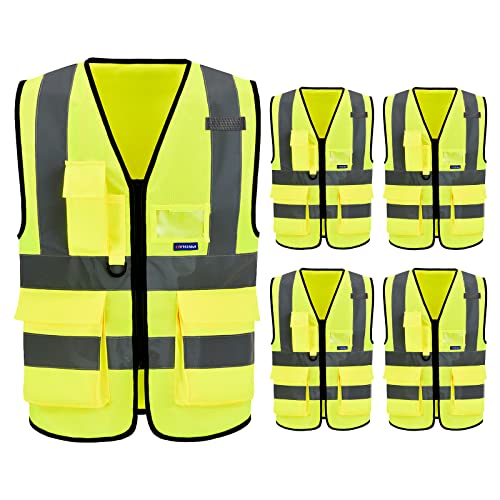 Image of 5 Pack Reflective Construction vests Zipper(Medium) | Yellow M Class 2 5-pack vests with reflective strips, mic tabs and 7 pockets for warehouse operations; 21 color options.