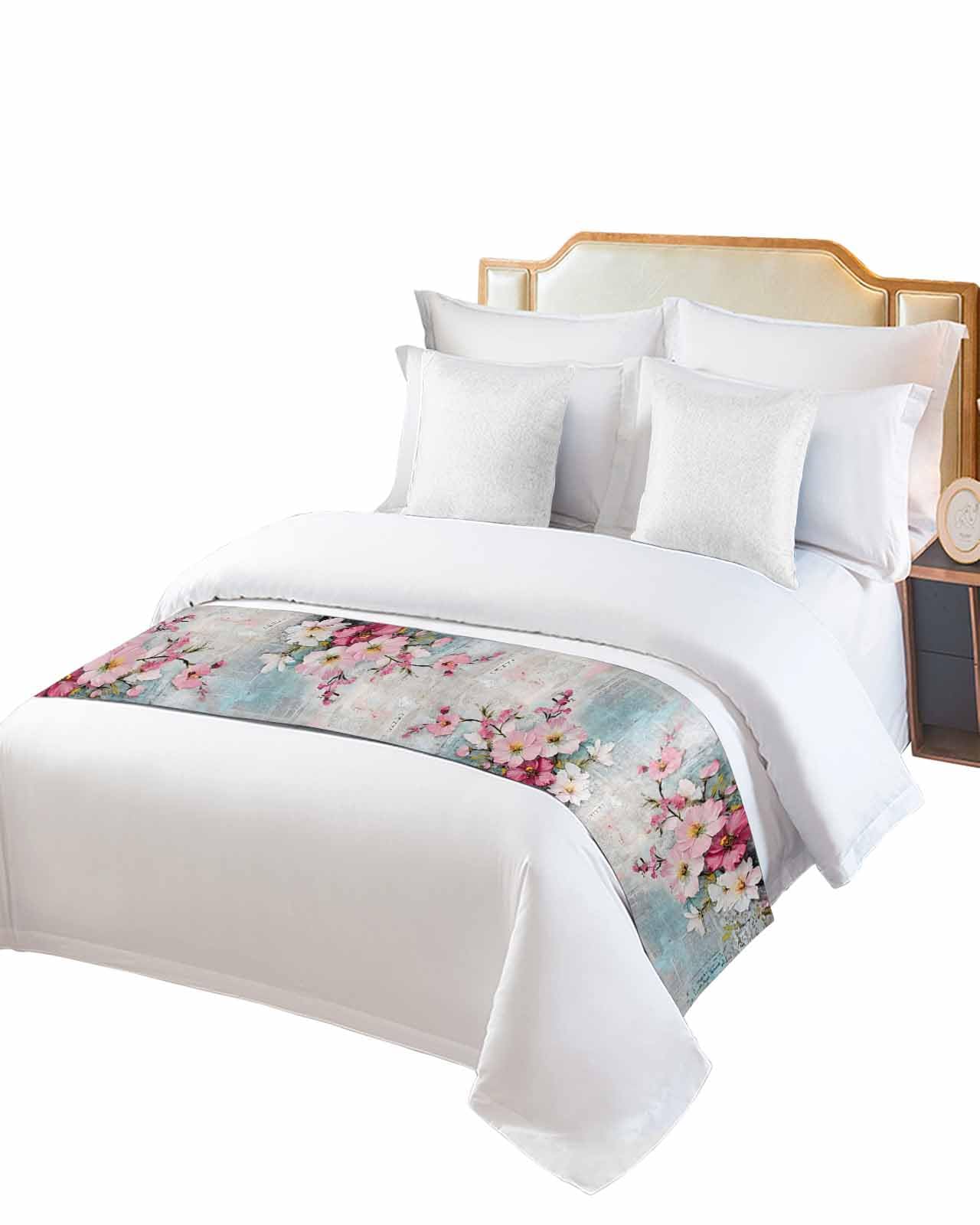 Twin Bed Runner Spring Farm Watercolor Floral Bedding Runner Scarves Decorative Bed Scarf, Vintage Old Newspaper Soft Bedding Scarf for Bedroom Hotel Wedding 83x20in