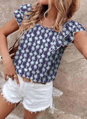 Image of Falechay Womens Bow Tie Back Tops Round Neck Ruffle Short Sleeve Shirts Cute Babydoll Chiffon Tee Women Summer Trendy Tunic