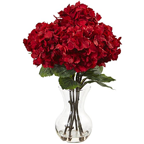 Best Deal Product Nearly Natural 1 18 H Red Hydrangea Silk Flower Arrangement with Glass Vase