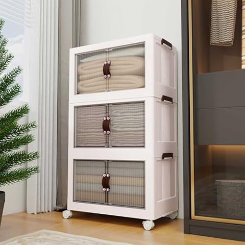 Plastic Collapsible Storage Bins with lids-79Gal/315QT Large Plastic Storage bins,5-Tier Clear Storage Bins with Rotating Wheels, Easy Foldable Closet Organizer and Storage Cabinet Home&Outdoor, White Cover