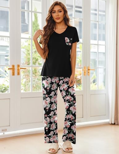 Image of Ekouaer Pajama Sets for Women Short Sleeve Pj Set V Neck Sleepwear Chest Pocket with Long Pants Casual Loose Loungewear
