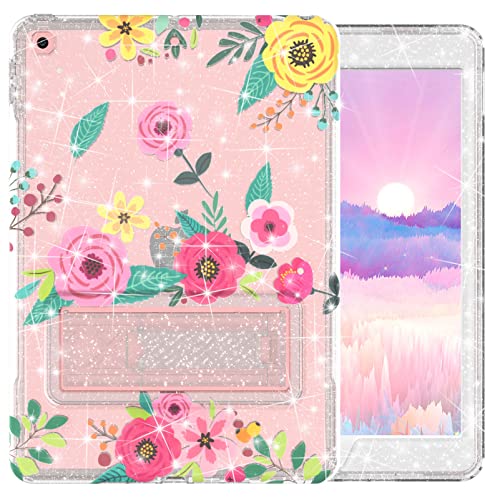 Rantice Ipad 9Th Generation Case, Ipad 8Th Generation Case, Ipad 7Th Generation Case, Ipad Case For Women Girl Kids, Slim Shockproof Glitter Flower Clear Transparent Ipad 10.2 Case With Kickstand #TOP26