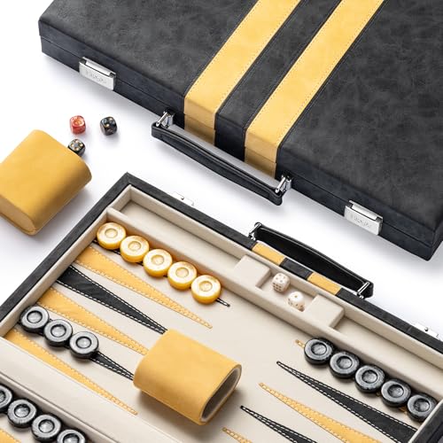 Lingle 15inch Backgammon Sets for Adults, Classic Backgammon Board with Unique Checkers Dice, Faux Leather Exterior and Velvet Interior, Portable Backgammon Travel Set (Black) - image 1
