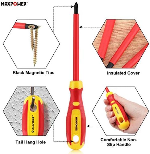 VDE Screwdriver, MAXPOWER VDE Insulated Blade Screwdrivers Set for Electrician with Safety Tester, Magnetic Phillips and Slotted Bits Screwdriver (7 Pieces)