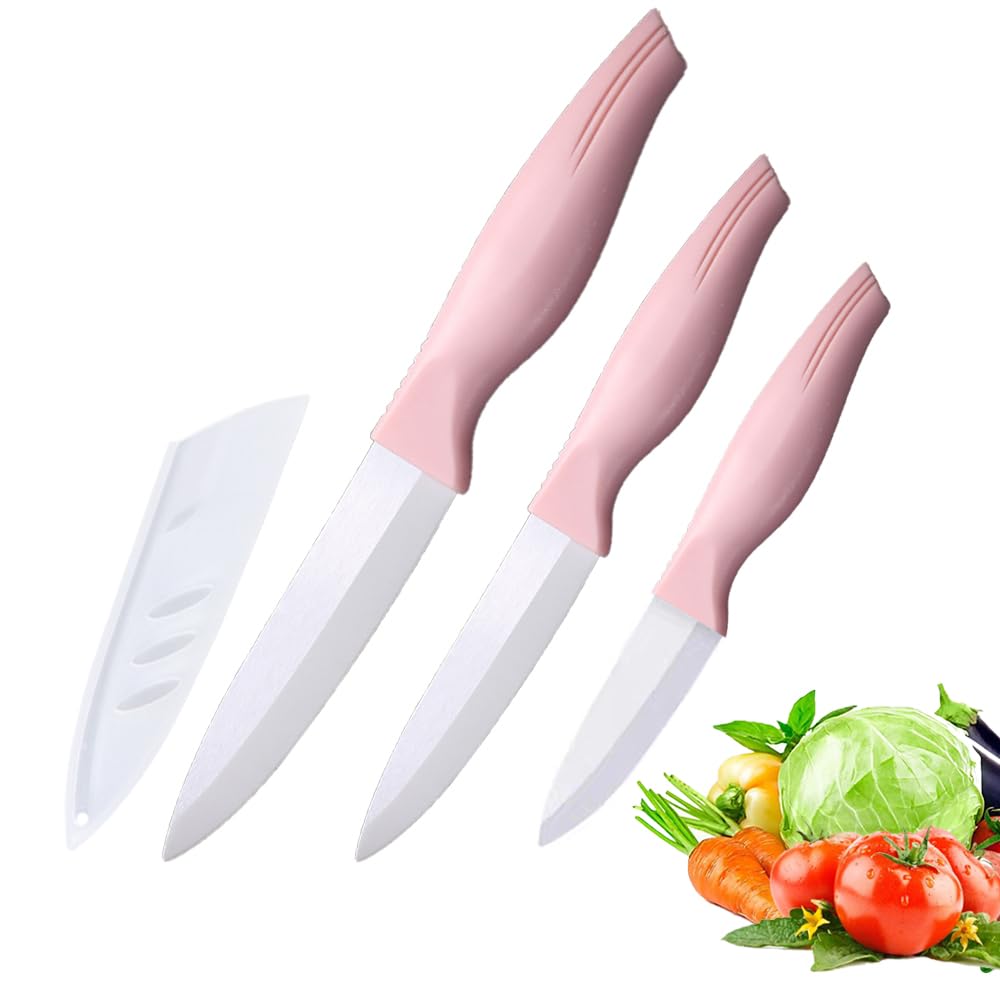 3-Pieces Pink Ceramic Knives Set 5-Inch for Vegetable and meet 4-Inch for Fruit 3-Inch for Peeling Suitable for