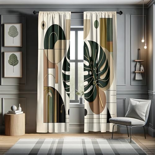 Ambesonne Modern Window Curtains, Monstera Leaf with Mid Century Boho Geometric Rounds Lines Minimalist, Lightweight Decorative 2-Panel Set & Rod Pocket, Pair of - 28