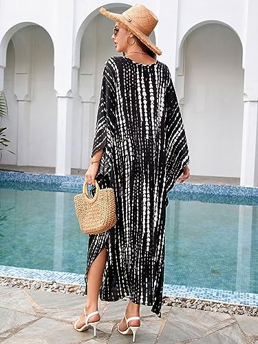 Image of sunforyou Kaftan Dresses for Women Plus Size Lightweight Swimsuit Cover up Batwing Sleeve Print Loungewear Beach Robe