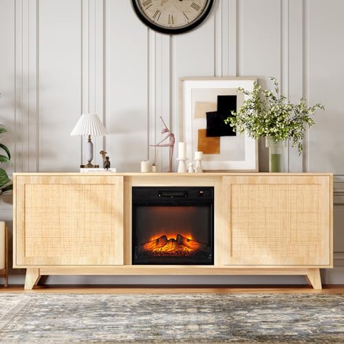 VINGLI Rattan Fireplace TV Stand for up to 80 inch TVs, Boho Fireplace...