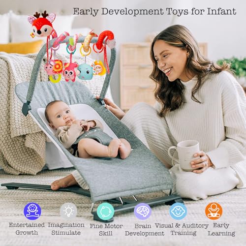 Image of Infant Stroller Toys, Sensory Car Seat Toys for Babies 0-6 Months Red Deer | Infants Activity Spiral Hanging Crib Toy Gift for Baby Boys and Girls 0 3 6 12 Months Newborn Toy with Rattles Squeaker Music