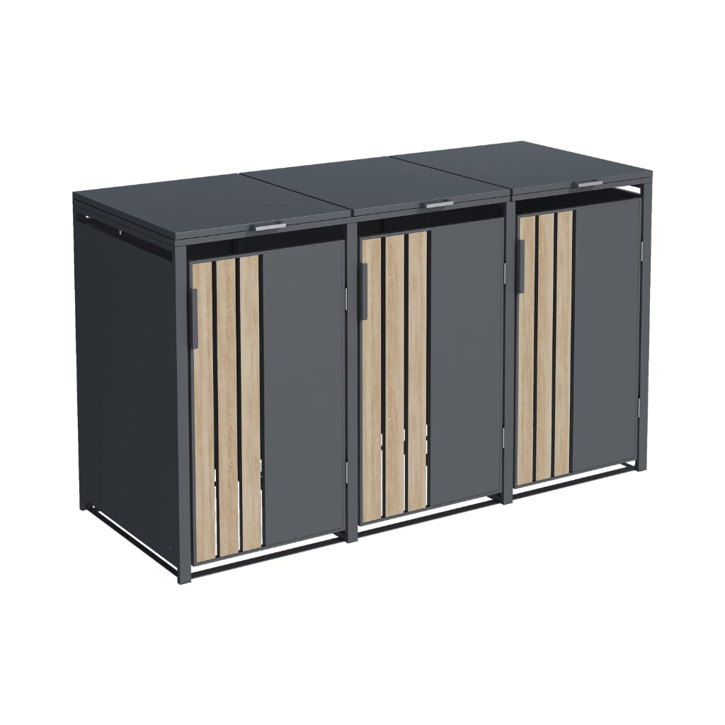 Abri Poubelles 3 Bacs à Toit Plat, Acier Galvanisé Gris et Effet Bois