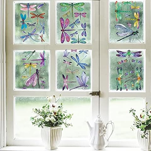 PLIGREAT 6 Blatt Bunte Libellen Fensterbilder, Selbstklebend Fensterbilder für Wohnzimmer Schlafzimmer Kinderzimmer Fensterdeko Dusche Glas Fensteraufkleber Party Zubehör Cover