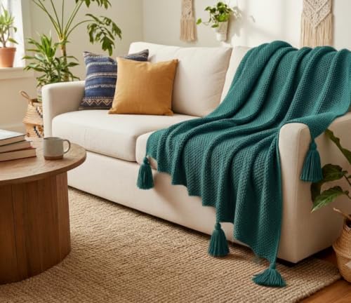 Image of Furnistitchs Plain Solid Knitted Sofa Throw Blanket 50x60 inches / 125x150 cms| Cotton Plain Knit with Tassels | Aesthetic Bohemian Decorative Couch Throws for Living Room & Bedroom (Turquoise)