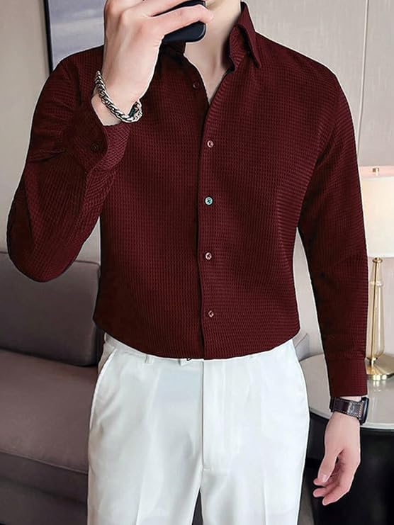 Image of GRECIILOOKS Men's Formal Button Down Shirt - Slim Fit Shirt's for Men | Textured Long Sleeve Polycotton| Business & Meeting Ready (Available in Plus Size)