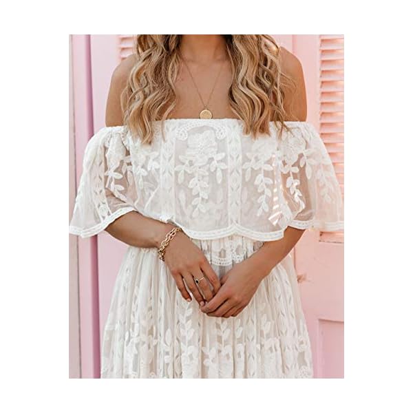 MERMAIDS-CLOSET-Womens-Casual-Off-Shoulder-Maxi-Dress-White-Lace-Sleeve-Beach-Dresses MERMAID'S CLOSET Womens Off Shoulder Embroidered Lace Maxi Dress Boho White Wedding Guest Party Maternity Photoshoot Dresses