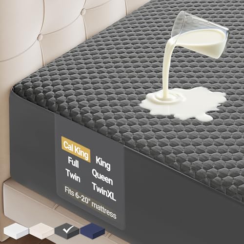 OhGeni 100% Waterproof Mattress Protector, California King-Gray Mattress Pad, Fits 6"-20" Mattresses with Deep Pocket, Cooling, Breathable Fitted Sheets, Soft Bed Cover, Noiseless, Machine Washable