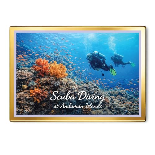 Image of Decorative Fridge Magnet with Glowing Border | Pack of 1 (Scuba Diving at Andaman Islands, 4x3 inch - Golden Border)