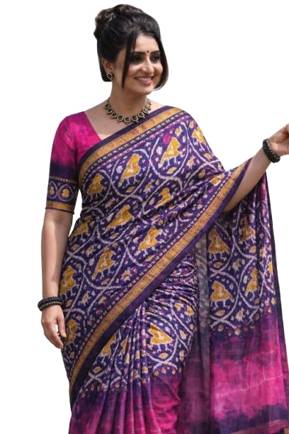 Pure Cotton Ikat Saree, Purple and Pink, Traditional Indian Ethnic Wear-image-22