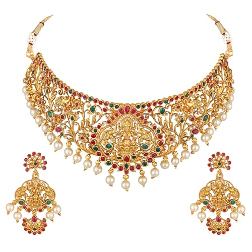 Image of Shining Diva Fashion Stylish Fancy Pearl Choker Traditional Jewellery Set for Women | Temple Necklace Set | Festive Wedding Party Necklace | 22k Gold Plated | Just Like Original Gold Jewellery
