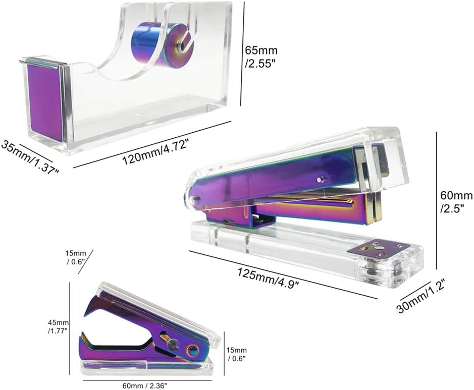 Clear Acrylic Rainbow Stapler Staples Remover Tape Dispenser Holder Set Office Desk Executive Manual Stationery Gift Kit for Desktop Accessories Supplies (Clear Acrylic Rainbow Tone)