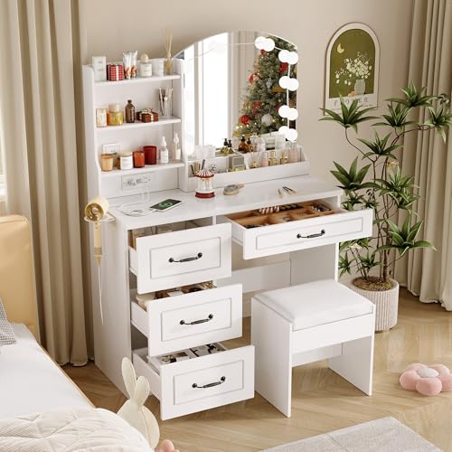 Vabches Women White Vanity with Mirror and Lights,3 Lighting Colors Makeup Dresser Desk with Lots Storage, Large Size 39.4in(W)