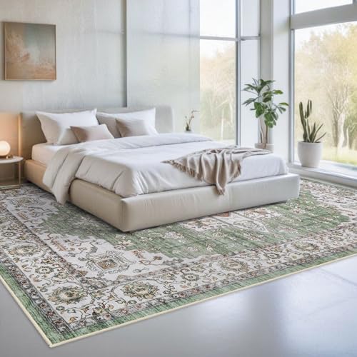 RUUGME Living Room 10x14 Area Rugs - Washable Lightweight Area Rug Stain Resistant Carpet Vintage Soft Rugs for Bedroom with Non Slip Backing Indoor Ultra-Thin Rugs Home Decor 10x14 Sage/Green