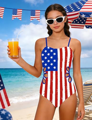 Image of Girls Swimsuit Adjustable Straps Cut Out One Piece Bathing Suit with Solid Color Cover Up Skirt Girls' Swimwear 5-16Y