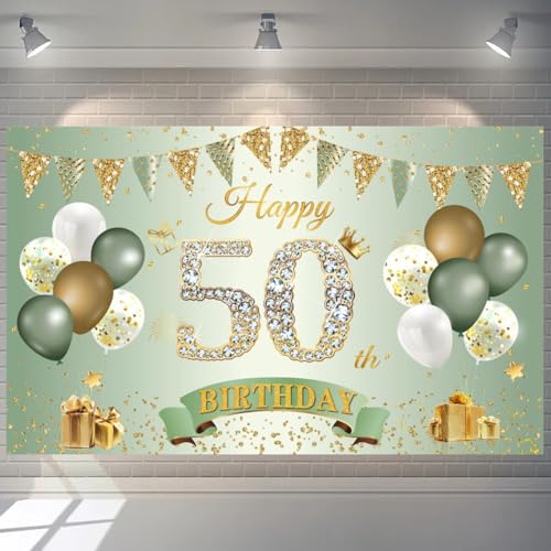 50 banner de cumpleaños mujeres hombres decoración verde oro 50 fondo banner 50 años pancarta de cumpleaños cartel de tela extra grande cartel cartel póster para 50 cumpleaños fiesta decoración
