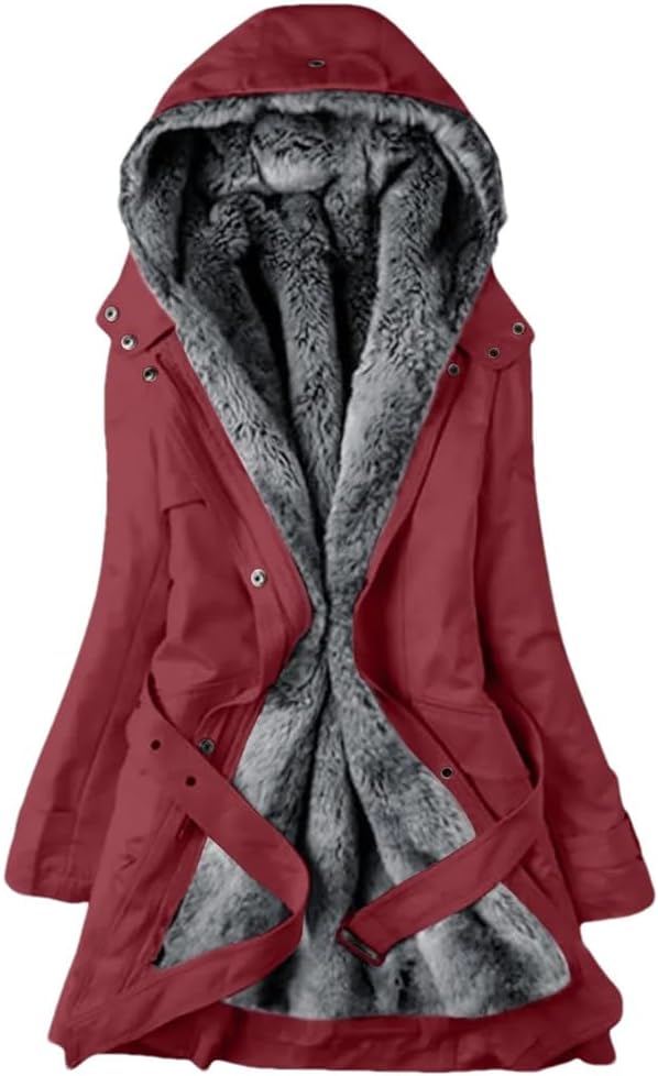Women Warm Coats Thicken Hooded Parka Medium Length Jackets Solid Zipper Coat with Belt